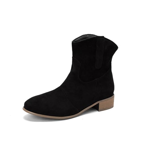 FGRID Flache Westernstiefeletten für Damen, Kurze Cowgirl-Stiefeletten aus Wildleder im Vintage-Stil einfarbig, Winter Chelsea-Stiefeletten mit klobigem niedrigem Absatz,Schwarz,37 von FGRID