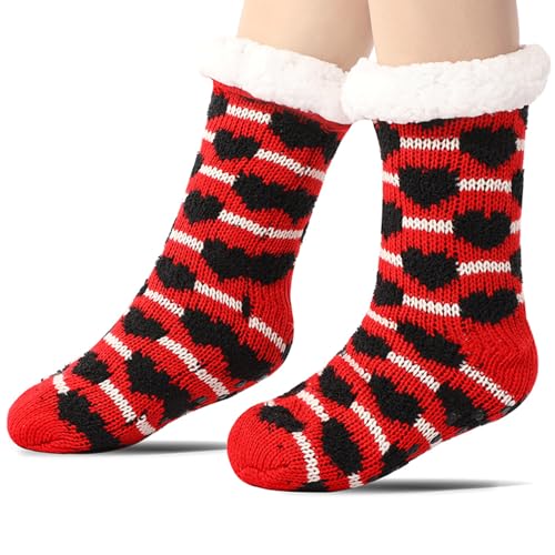 FGRID Flauschige Haussocken für Damen mit rutschfesten Greifern, gemütliche Flauschige mit Sherpa gefütterte, Dicke Thermo-Bettsocken warme Schlafbodensocken,Rot von FGRID