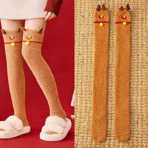 FGRID Flauschige Oberschenkelhohe Socken für Damen, süße, warme Overknee-Strümpfe aus Korallenvlies mit Cartoon-Motiv, Flauschige Weihnachts-Stiefel-Söckchen,23 von FGRID