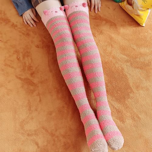 FGRID Flauschige Oberschenkelhohe Socken für Damen, warme Overknee-Strümpfe aus Korallenvlies Cartoon-Motiv, süße Winter-Socken Tiermotiv Lounge-Schlaf-Beinstulpen Stiefelsocken,13 von FGRID