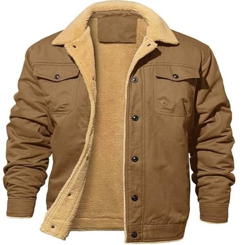 FGRID Herren-Cargojacken aus Wildlederimitat, Dicke Militärjacke mit Retro-Fleecefutter und Revers und Taschen, Wintermäntel mit Knopfleiste zum Wandern und Campen im Westernstil,Khaki,S von FGRID