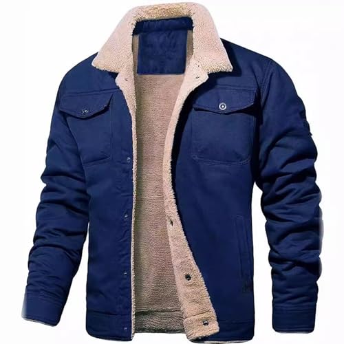 FGRID Herren-Cargojacken aus Wildlederimitat, Dicke Militärjacke mit Retro-Fleecefutter und Revers und Taschen, Wintermäntel mit Knopfleiste zum Wandern und Campen im Westernstil,Marine,4XL von FGRID