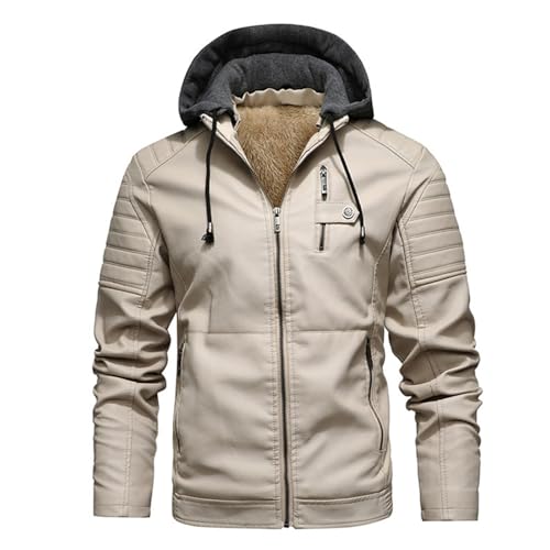 FGRID Herren-Jacke aus Kunstleder mit Abnehmbarer Kapuze und Reißverschluss, wasserdicht, lässig, Bikerjacke, PU-Fleece gefüttert, Dicker Wintermantel,Grau,XL von FGRID