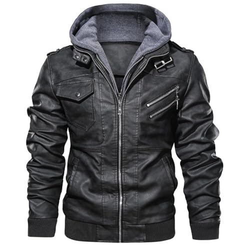 FGRID Herren-Motorradjacke aus Leder, Retro-Bikermantel aus Kunst-PU mit Reißverschluss und Abnehmbarer Kapuze Winddicht warm Fleece Punk-Slim-Fit-Jacke,Schwarz,3XL von FGRID