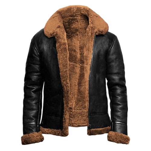 FGRID Herren Schaffell Lederjacke mit Pelzkragen, Vintage Revers Fleece gefüttert Kunstpelz PU Mantel Warm Reißverschluss Leder Kurz Biker,Braun,3XL von FGRID