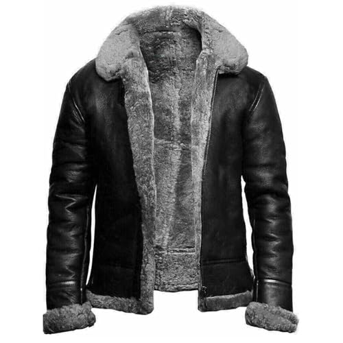 FGRID Herren Schaffell Lederjacke mit Pelzkragen, Vintage Revers Fleece gefüttert Kunstpelz PU Mantel Warm Reißverschluss Leder Kurz Biker,Grau,3XL von FGRID