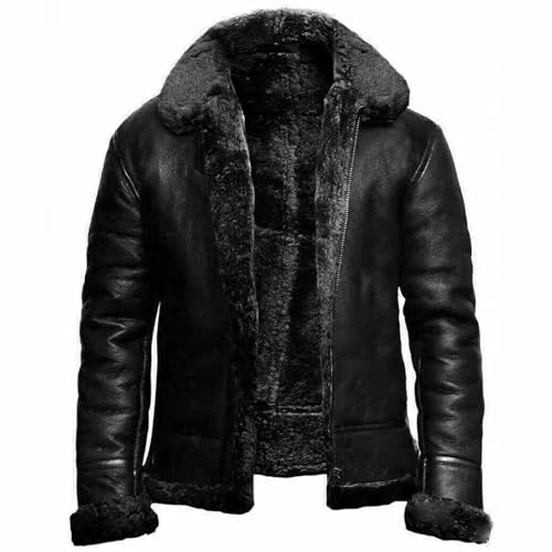 FGRID Herren Schaffell Lederjacke mit Pelzkragen, Vintage Revers Fleece gefüttert Kunstpelz PU Mantel Warm Reißverschluss Leder Kurz Biker,Schwarz,4XL von FGRID