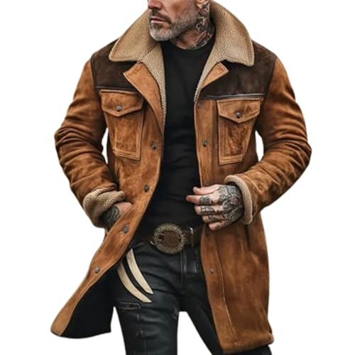 FGRID Herren-Vintage-Jacke aus Wildlederimitat, Plüschkragen Western-Cowboy-Mäntel verdickter Distressed-Look mehrere Taschen Langer Motorrad-Trenchcoat,Braun,L von FGRID