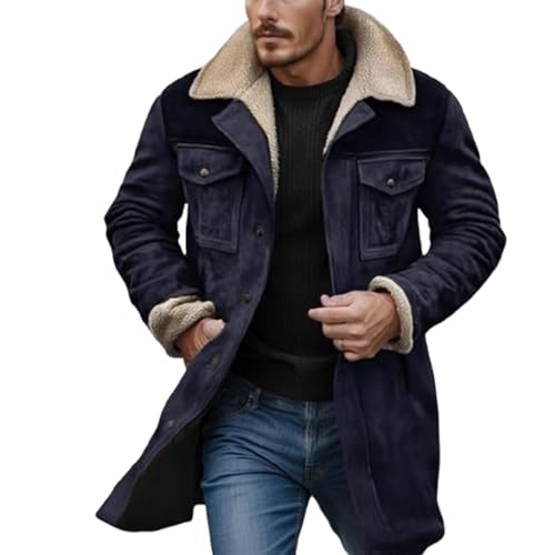 FGRID Herren-Vintage-Jacke aus Wildlederimitat, Plüschkragen Western-Cowboy-Mäntel verdickter Distressed-Look mehrere Taschen Langer Motorrad-Trenchcoat,Marine,M von FGRID