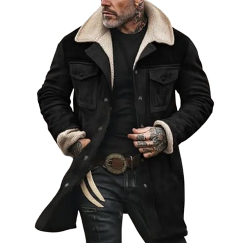 FGRID Herren-Vintage-Jacke aus Wildlederimitat, Plüschkragen Western-Cowboy-Mäntel verdickter Distressed-Look mehrere Taschen Langer Motorrad-Trenchcoat,Schwarz,S von FGRID