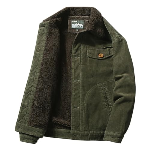 FGRID Herrenjacken aus Cord mit Sherpa-Fleecefutter, Thermo-Cargomantel im Retro-Stil mit Langen Ärmeln und einfarbiger Farbe, Trucker-Wintermantel Baumwolle mit Reverskragen,Army Green,M von FGRID