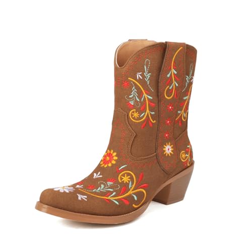 FGRID Kurze Cowboystiefeletten für Damen mit Blumenmuster, Westernstiefeletten mit Retro-Stickerei und spitzer Spitze, Stiefeletten mit Blockabsatz und breiter Wade, Fellfutter,Braun,34 von FGRID