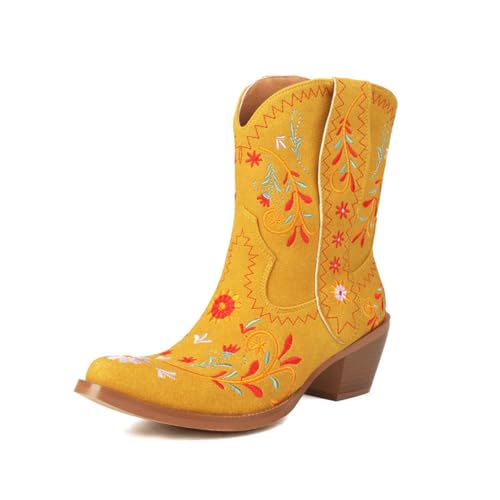 FGRID Kurze Cowboystiefeletten für Damen mit Blumenmuster, Westernstiefeletten mit Retro-Stickerei und spitzer Spitze, Stiefeletten mit Blockabsatz und breiter Wade, Fellfutter,Gelb,36 von FGRID