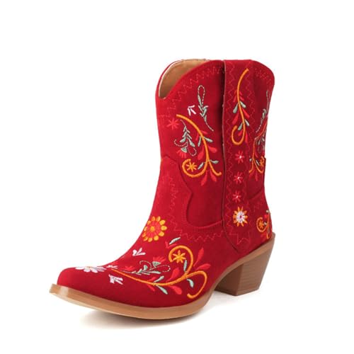 FGRID Kurze Cowboystiefeletten für Damen mit Blumenmuster, Westernstiefeletten mit Retro-Stickerei und spitzer Spitze, Stiefeletten mit Blockabsatz und breiter Wade, Fellfutter,Rot,43 von FGRID