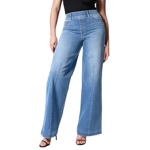 FGRID Lockere Jeans mit weitem Bein für Damen, hoch taillierte, Dehnbare Jeanshose mit geradem Bein im Used-Look, Bootcut-Jeans in voller Länge zum Überziehen,Blue 2,M von FGRID