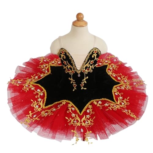 FGRID Mädchen-Tanz-Outfit mit Camisole-Rock und Trikot, Schwanensee-Ballett, professionelles Pfannkuchen-Tutu-Ballerina-Tüllkleid mit Blumenstickerei,Rot,120 von FGRID