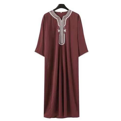 FGRID Muslimischer Kaftan für Herren, 3/4-Ärmel, V-Ausschnitt, langes Kleid, Thobe, Saudi-Arabisches langes Kleid, lässig, lockerer Dubai-Kittel,Rot,L von FGRID