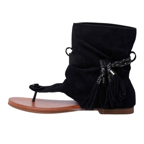 FGRID Römersandalen mit Quaste für Damen, Flache Retro-Stiefeletten aus Wildleder mit Clip-Toe, Sommer-Strand-Reisesandalen mit hohem Zehenbereich und Fransen,Schwarz,42 FGRID Römersandalen mit Quaste für Damen, Flache Retro-Stiefeletten aus Wildleder mit Clip-Toe, Sommer-Strand-Reisesandalen mit hohem Zehenbereich und Fransen,Schwarz,42 von FGRID