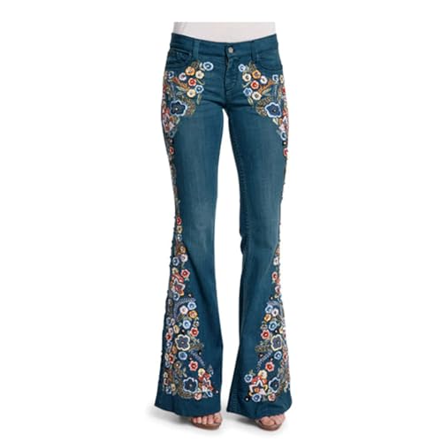 FGRID Schlaghosen-Jeans für Damen, Bootcut-Jeans in Übergröße mit Blumenstickerei, niedrige Taille, Lange Stretch-Jeans im Used-Look mit weitem Bein,Navy Blue,4XL von FGRID