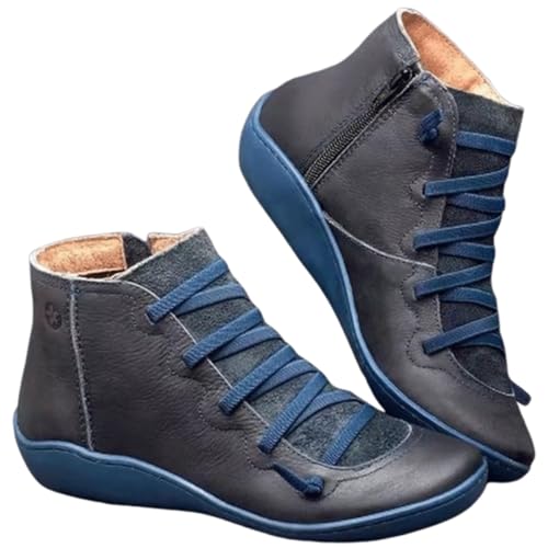 FGRID Stiefeletten mit Fußgewölbeunterstützung für Damen, modische, Flache, solide Lederstiefel mit Schnürung, warme Kurze Stiefeletten seitlichem Reißverschluss für den Winter,Blau,35 von FGRID