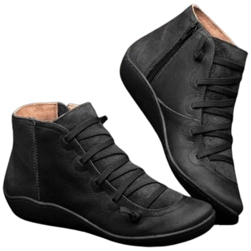 FGRID Stiefeletten mit Fußgewölbeunterstützung für Damen, modische, Flache, solide Lederstiefel mit Schnürung, warme Kurze Stiefeletten seitlichem Reißverschluss für den Winter,Schwarz,43 von FGRID