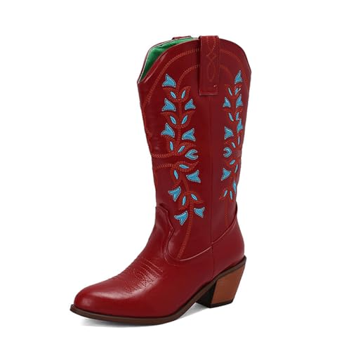 FGRID Western-Cowboystiefel für Damen, modische Stiefel mit spitzer Spitze und mittlerer Wade und Stickerei, Kniehohe Winterstiefel im Used-Look mit Snip-Toe-Design,Rot,42 von FGRID