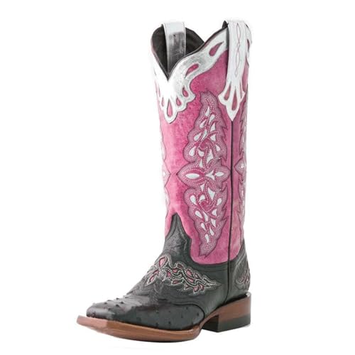 FGRID Western-Cowboystiefel für Damen mit dickem Absatz, Vintage-Pu-Stiefel mit quadratischer Zehenpartie und mittlerer Wadenhöhe, Cowgirlstiefel mit bestickter Winterspitze,Rosa,34 von FGRID