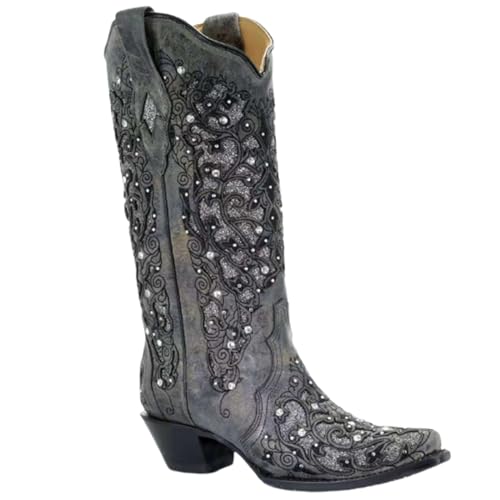 FGRID Western-Cowgirl-Stiefel für Damen mit weitem Schaft, Vintage-Strass-Stiefel mit klobigem Absatz und spitzer Zehenpartie, Winter-Slip-On-Stiefel aus Leder mit schmaler Zehenpartie,Schwarz,41 FGRID Western-Cowgirl-Stiefel für Damen mit weitem Schaft, Vintage-Strass-Stiefel mit klobigem Absatz und spitzer Zehenpartie, Winter-Slip-On-Stiefel aus Leder mit schmaler Zehenpartie,Schwarz,41 von FGRID
