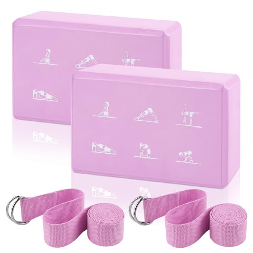 FHDUSRYO Yoga-Block und Yoga-Gurt-Set, hochdichte EVA-Schaum-Blöcke, rutschfeste Yoga-Steine mit 1,8 m langem Gurt, stützendes latexfreies Yoga-Block-Set zur Verbesserung des Gleichgewichts und der von FHDUSRYO