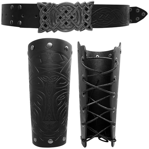 FHUILIJH Kunstleder Rittergürtel mit Leder Armschützer Set Renaissance Kostüm Leder Armband Handgelenkschützer für Männer Frauen,Schwarz,152cm von FHUILIJH