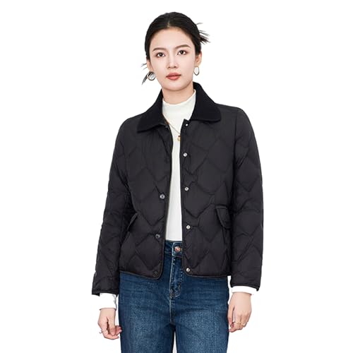 FHVCMTG Daunenjacke Damen Down Jacket Kurz Leicht Langarm Puffermantel Winter Warm Taschen Weiße Entendaunen Kleidung,Black,M von FHVCMTG