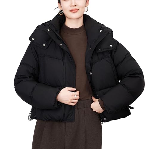 FHVCMTG Daunenjacke Damen Down Jacket Kurze Kapuze Winddichte Pufferjacke Gesteppte Thermo Warme Winterjacke,Black,M52.5 von FHVCMTG