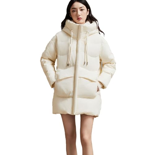 FHVCMTG Daunenjacke Damen Down Jacket Lang Stepp Puffer Mantel Winter Warm Verdicken Kapuze Outwear Parka Jacke,White,M45 von FHVCMTG