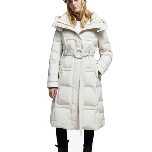 FHVCMTG Daunenjacke Damen Down Jacket Lang Verdickter Puffer Mantel Gesteppt Lockere Kapuze Mit Gürtel Winter Outwear Parka,White,L165 von FHVCMTG