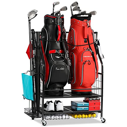 FHXZH Golftaschen-Aufbewahrung, Garagen-Organizer, Golftaschenständer passend für 2 Golftaschen und Golfschläger, Golfbälle, Golfausrüstungszubehör, extra großes Golftaschen-Aufbewahrungsregal für von FHXZH