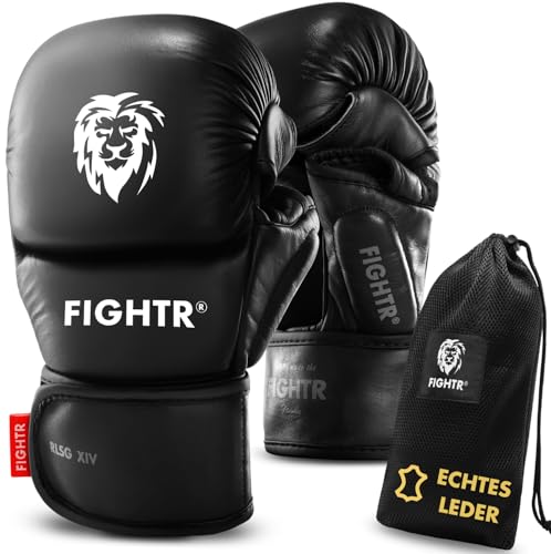 FIGHTR® MMA Pro Sparring Echtleder Handschuhe mit bestem Sitz für maximale Stabilität | extra Dicke Polsterung | für Sparring, MMA, Kickboxen & Kampfsport | inkl. Tragetasche (Black, M) von FIGHTR