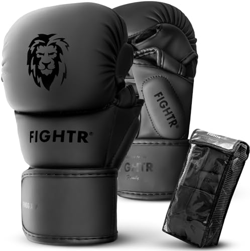 FIGHTR® MMA Sparring Handschuhe mit bestem Sitz für maximale Stabilität | mit extra Dicker Polsterung | für Sparring, MMA, Boxen, Kickboxen & Kampfsport 07 oz | inkl. Tragetasche (All Black, S) von FIGHTR