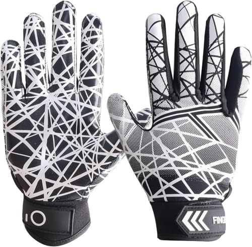 FINGER TEN American Football Gloves Handschuhe Fußball Empfangshandschuhe für Jugendliche Upgrade Atmungsaktive Flexible Empfangshandschuhe Geschenk für Kinder Jungen Mädchen (Schwarz, S) von FINGER TEN