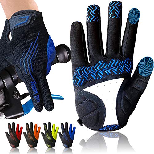 FINGER TEN Fahrradhandschuhe Herren Radsporthandschuhe Vollfinger Atmungsaktiv MTB Handschuhe Gel Stoßdämpfende rutschfeste Mountainbike Handschuhe Unisex (M, Marineblau Vollfinger) von FINGER TEN