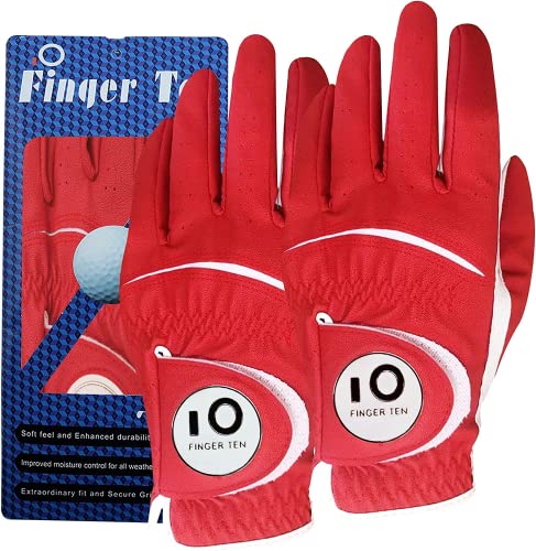 Golfhandschuhe Herren Golf Handschuhe Links Rechts Leder Handschuh Wert 1 2 Stück Not Paar Golfhandschuh Linke Rechte mit Ball Marker Allwetter Griff für Männer Golfer (2 Stück Rot, M, Links) von FINGER TEN