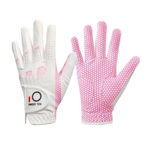 FINGER TEN Golfhandschuhe Damen Leder Linke Rechte Hand 1 Stück, Golf Handschuh Damen Extra Allwetter Griff 3D Performance Weicher Komfort (Rosa, M, Links) von FINGER TEN