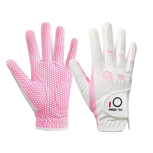 FINGER TEN Golfhandschuhe Damen Leder Linke Rechte Hand 1 Stück, Golf Handschuh Damen Extra Allwetter Griff 3D Performance Weicher Komfort (Rosa, XL, Rechts) von FINGER TEN