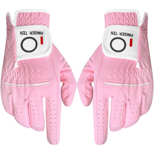 FINGER TEN Golfhandschuhe Damen Paar Linke Rechte Hand 2 Stück Golfhandschuh Mikrofaser Allwetter Regentag Nass Heiß Golf Handschuh Links Rechts Griff Haltbarkeit Weicher Komfort (1 Paar, M,Rosa) von FINGER TEN