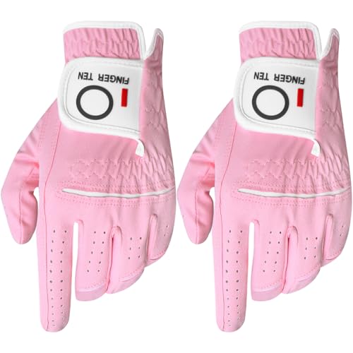 FINGER TEN Golfhandschuhe Damen Paar Linke Rechte Hand 2 Stück Mikrofaser Allwetter Regentag Nass Heiß Golf Handschuh Griff Haltbarkeit Weicher Komfort (2 Stück L, Links,Rosa) von FINGER TEN