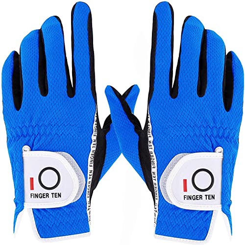 FINGER TEN Golfhandschuhe Herren Links Rechts Golf Handschuh Wert 1 Paar Golfhandschuh Linke Rechte Hand Handschuhe für Männer Golfer, Allwetter Mikrofaser Rain Grip (Blau ML, Paar) von FINGER TEN