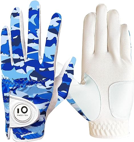 FINGER TEN Golfhandschuhe Herren Links Rechts Hand Leder mit Ballmarker Sommer, Golf Handschuhe Männer Weathersof Premium Qualität Weicher Komfort (Blau, M, Links) von FINGER TEN