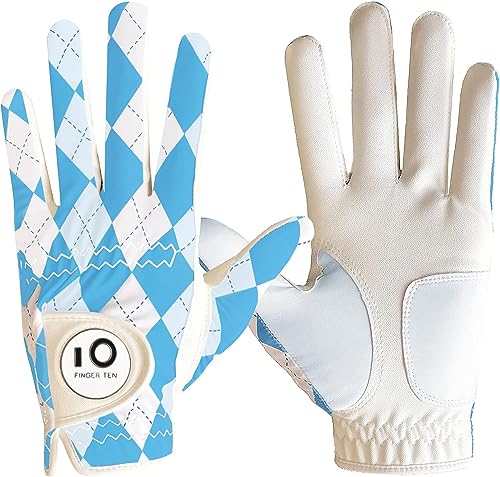 FINGER TEN Golfhandschuhe Herren Links Rechts Hand Leder mit Ballmarker Sommer, Golf Handschuhe Männer Weathersof Premium Qualität Weicher Komfort (Cyan, M-L, Links) von FINGER TEN