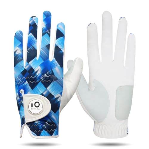 FINGER TEN Golfhandschuhe Herren Links Rechts Hand Leder mit Ballmarker Sommer, Golf Handschuhe Männer Weathersof Premium Qualität Weicher Komfort (Marine, S, Links) von FINGER TEN