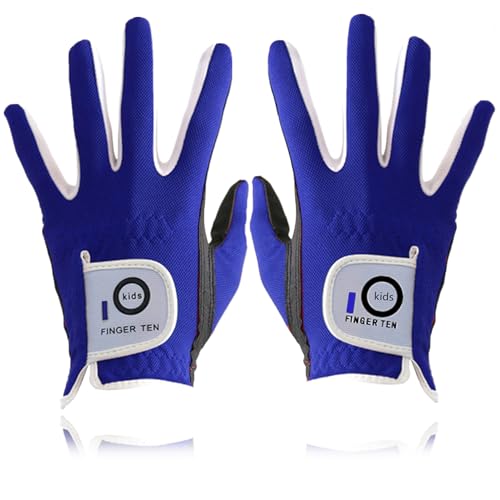 FINGER TEN Golfhandschuhe Kinder Jugend Junior Mädchen 1 Paar, Junge Golf Handschuhe Atmungsaktive Mikrofaser Synthetische für Alter 4-13 Jahre (Blau, XL) von FINGER TEN