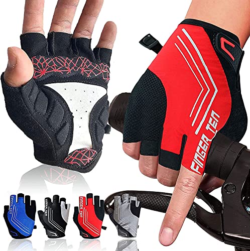 FINGER TEN Fahrradhandschuhe Herren Radsporthandschuhe Halbfinger Atmungsaktiv MTB Handschuhe Gel Stoßdämpfende rutschfeste Mountainbike Handschuhe Unisex (Rot Halbfinger, XL) von FINGER TEN